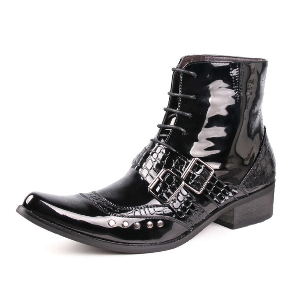 Men Pointed Martin S Lacquer Leather Punk Rivet Korean Edition Cowboy Short Barrel Lace Up Trendy Boots Ddmysaturn