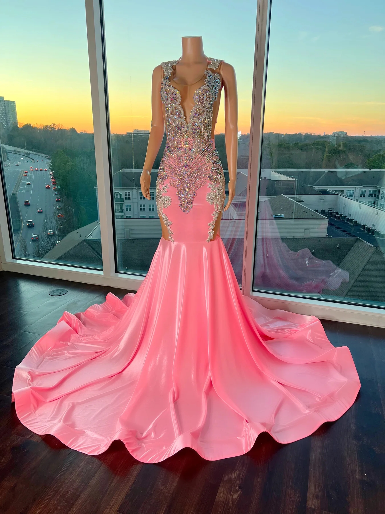 Pink Sheer Women Sexy Long Prom Dresses For Black Girls Mermaid Luxury Diamond African American Prom Gowns Evening Gala Party Dresses