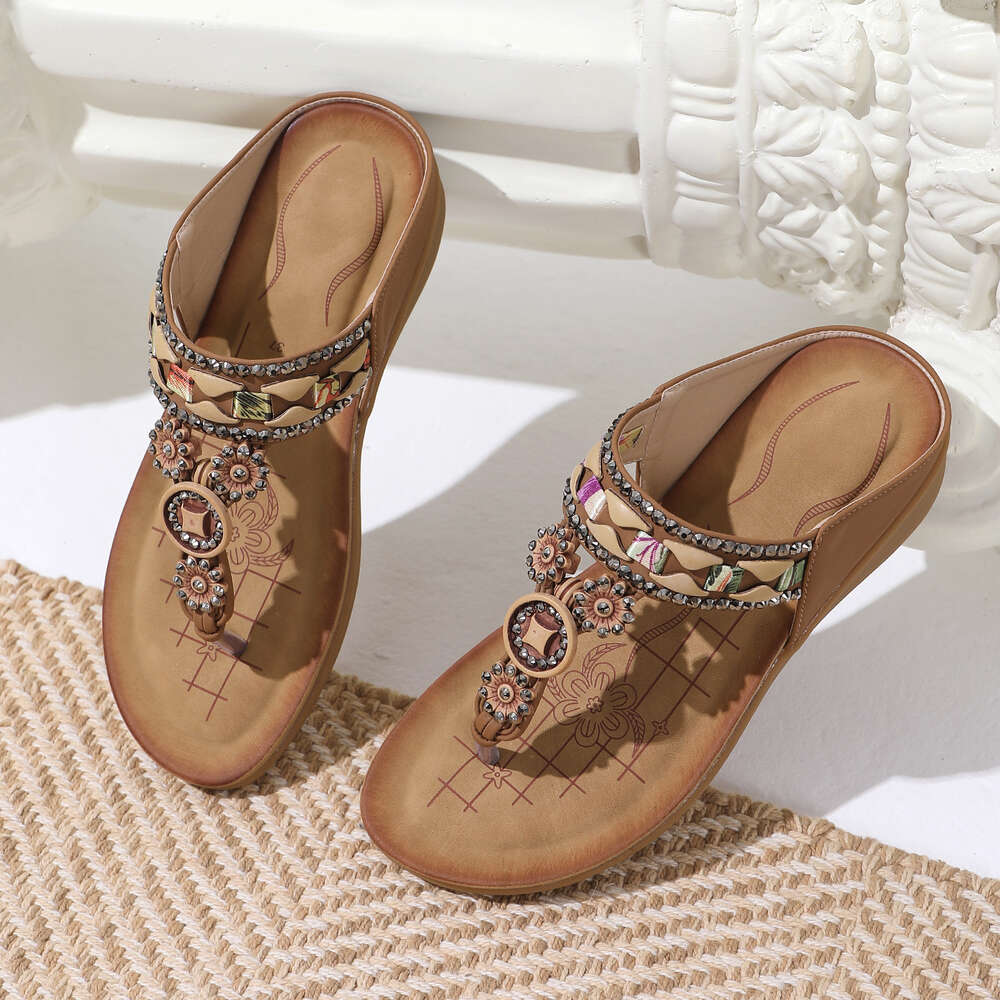 Women Bohemian Style S Shoes Summer Fashion Beach Flat Bottomed Slippers Beaded Sandals Ddmysaturn