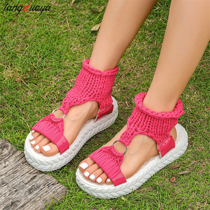 Women Fashion Sexy Open toe Beach sandals Summer Solid Color Braided Knit O-Ring Cutout Platform Sandals Women Soft Sandals 240619