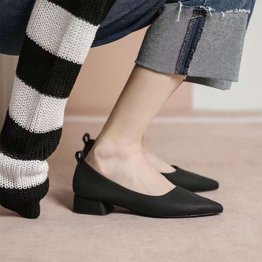 Layer Cowhide Top Shallow Mouth Single Shoe For Women S Autumn New Casual Pointed Fashion One Foot Thick Heel Small Leather Shoes Ddmysaturn