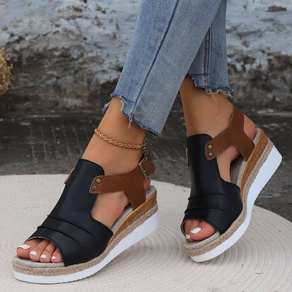 Slope Summer New Grass Knitted Sandals Waterproof Platform Thick Sole High Heel Shoes With One Line Buckle Ddmysaturn