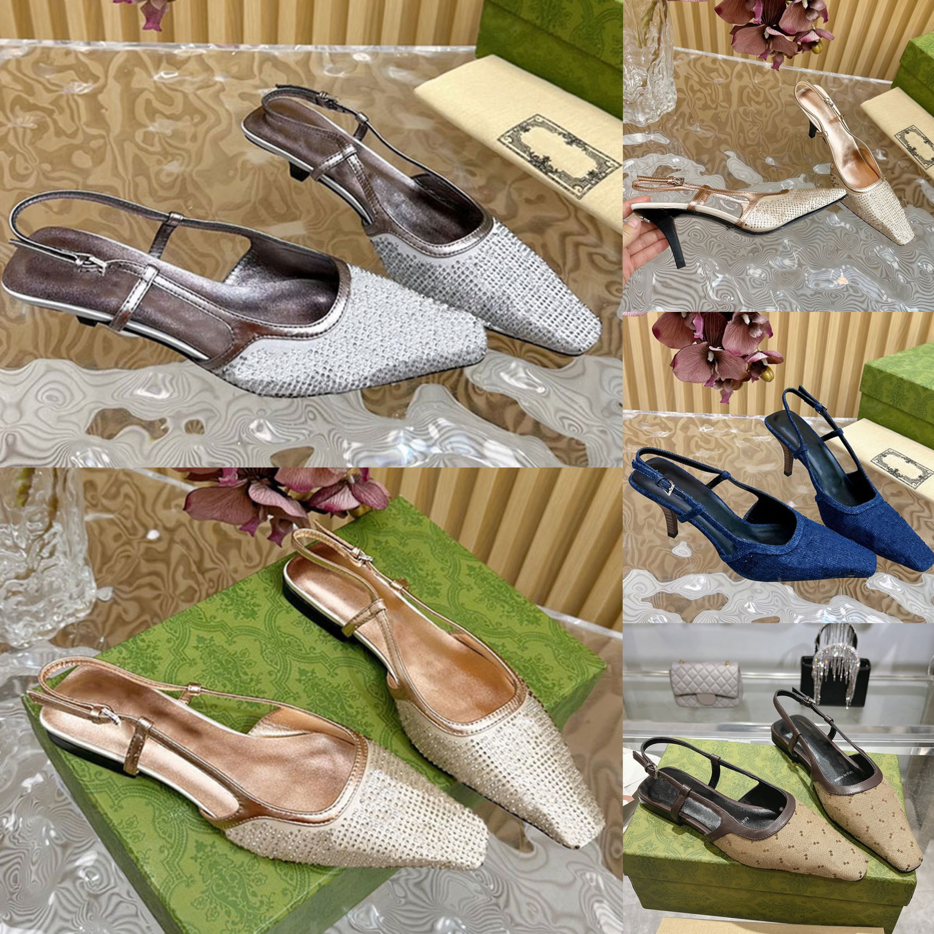 Diamond Sandals Designer Crystal Heels Slingback Square Head Flat Sandal Women High Kitten Heel Slingbacks Ballet Pump Top Quality Leather Black Denim Shoes
