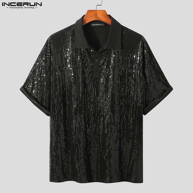 INCERUN Casual Mens Lapel Sequin Blouse Stylish Well Fitting Party Short Sleeve Button Shirts S-5XL INCERUN Tops 240615