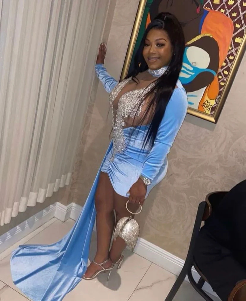 Blue Velvet Sheer Crystals Short Prom Dresses For Black Girls Long Sleeves African American Cocktail Dresses Birthday Party Homecoming Gowns