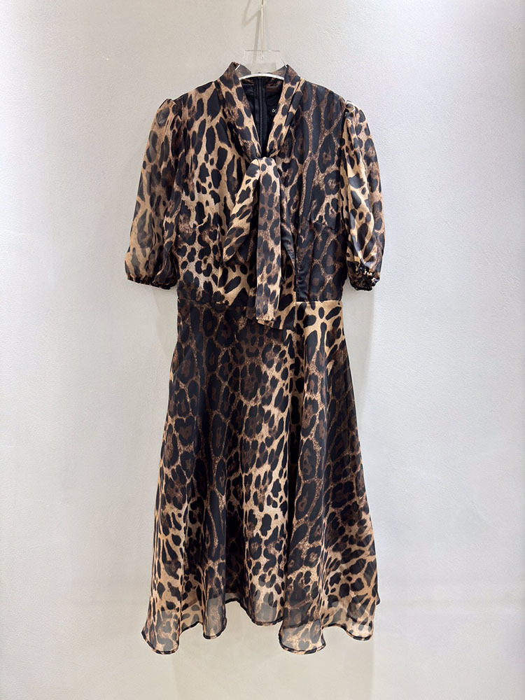 100% Polyester Fashion Leopard Printing Dress Street Women Scarf Collar Short Sleeve Sliming Expansion Vestidos