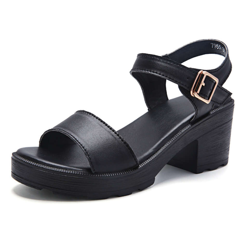 Heeled Thick High Heels Waterproof Platform Fashion A Straight Line Strap Exposed Toe Leather Sandals For Women With Beach Shoes Ddmysaturn