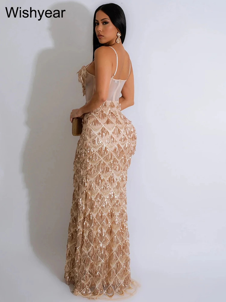 Sexy Nightclub Birthday Party Dresses for Women - Sequined Spaghetti Strap Mesh Patchwork Bodycon Maxi Vestidos C260312