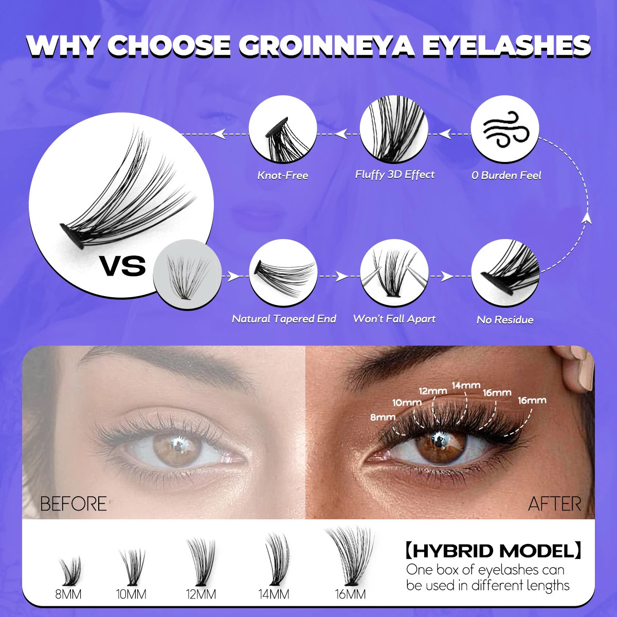 GROINNEYA Cluster Lashes Natural Eyelash extension Volume Individual Lashes Mixed Tray Faux Mink Lashes Cilias Makeup 240620