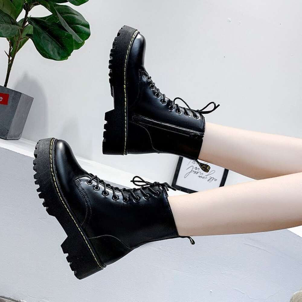 Soled Hole Thick Martin For Women With British Style Side Zipper Sponge Sole Trend High Top Lace Up Short Boots Ddmysaturn