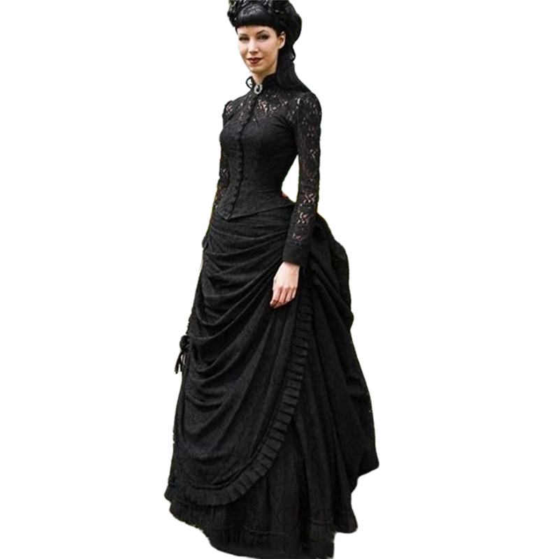 Vintage Victorian Black Lace A-Line Wedding Dresses Long Sleeves Gothic Bridal Gowns Ruched Floor Length High Collar Vestido De Novia 2024 Medieval Ma