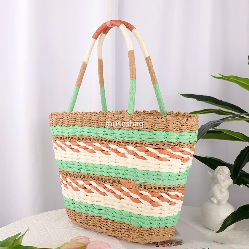 High end Women's Korean Colorful Splicing Handheld Large Capacity Retro Large Capacity Versatile Vertical Paper Rope Women's Bag Casual Beac