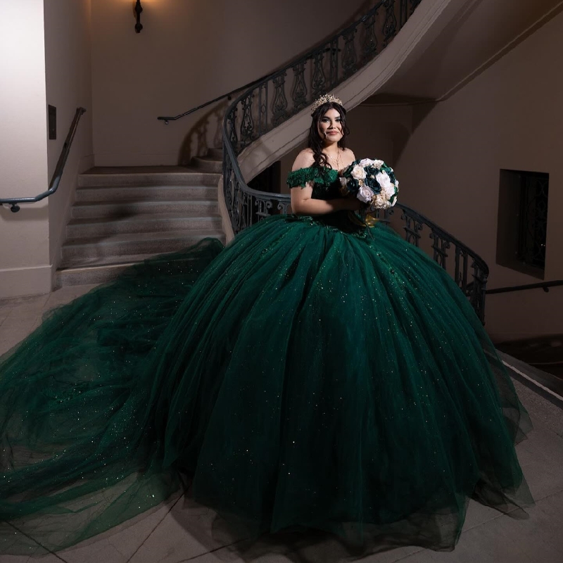 Blackish Green Shiny Quinceanera Dress Ball Gown Off The Shoulder Applique Crystal Beading Tull Sweet 16 Vestido De 15 Anos