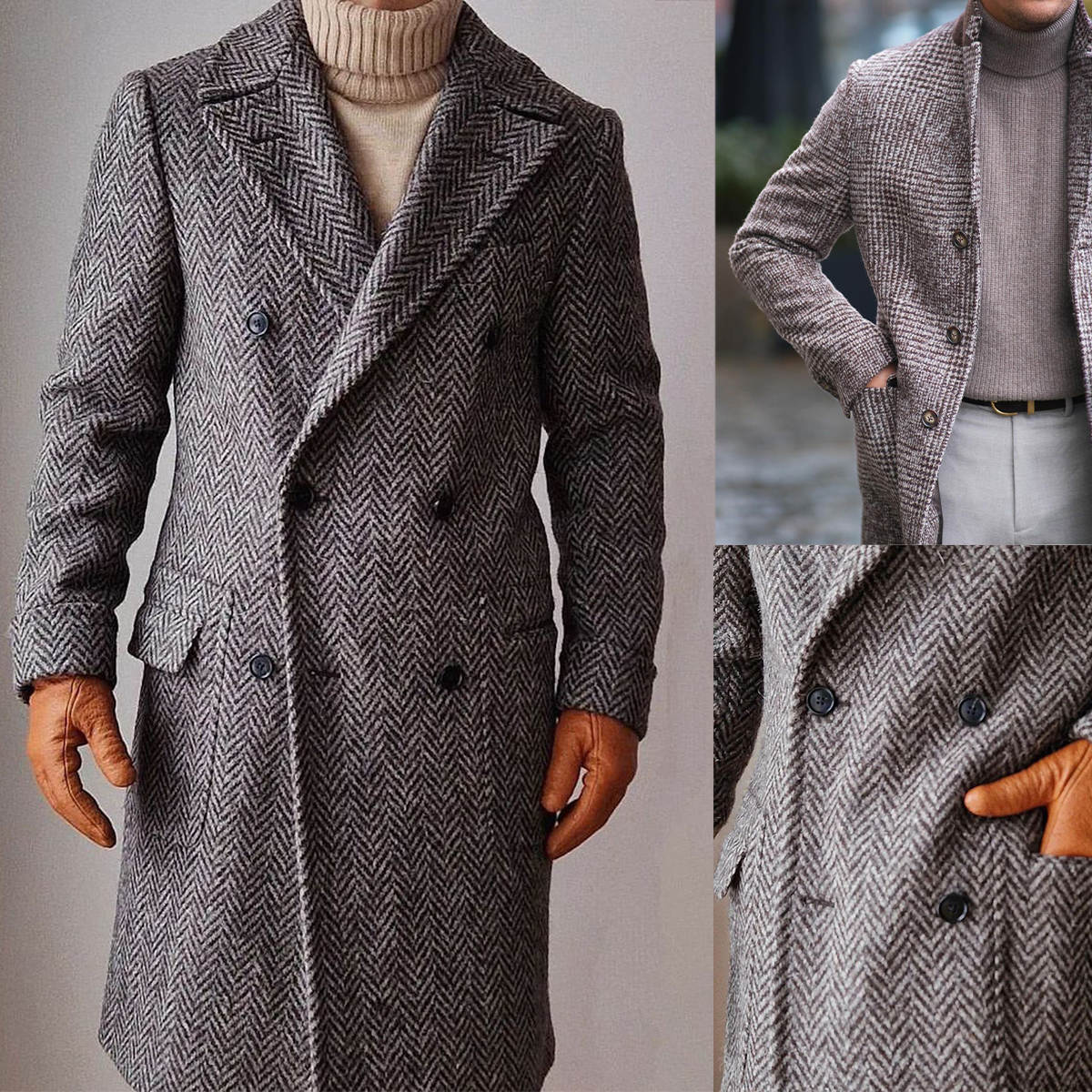 Vintage Mens Long Coat Formal Suits Notched Lapel Business Birthday Double Breasted Warm Tailored Fit Prom Party Tuxedos Blazer Only One Jacket