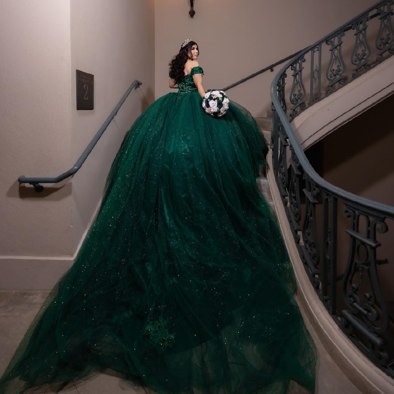 Blackish Green Shiny Quinceanera Dress Ball Gown Off The Shoulder Applique Crystal Beading Tull Sweet 16 Vestido De 15 Anos