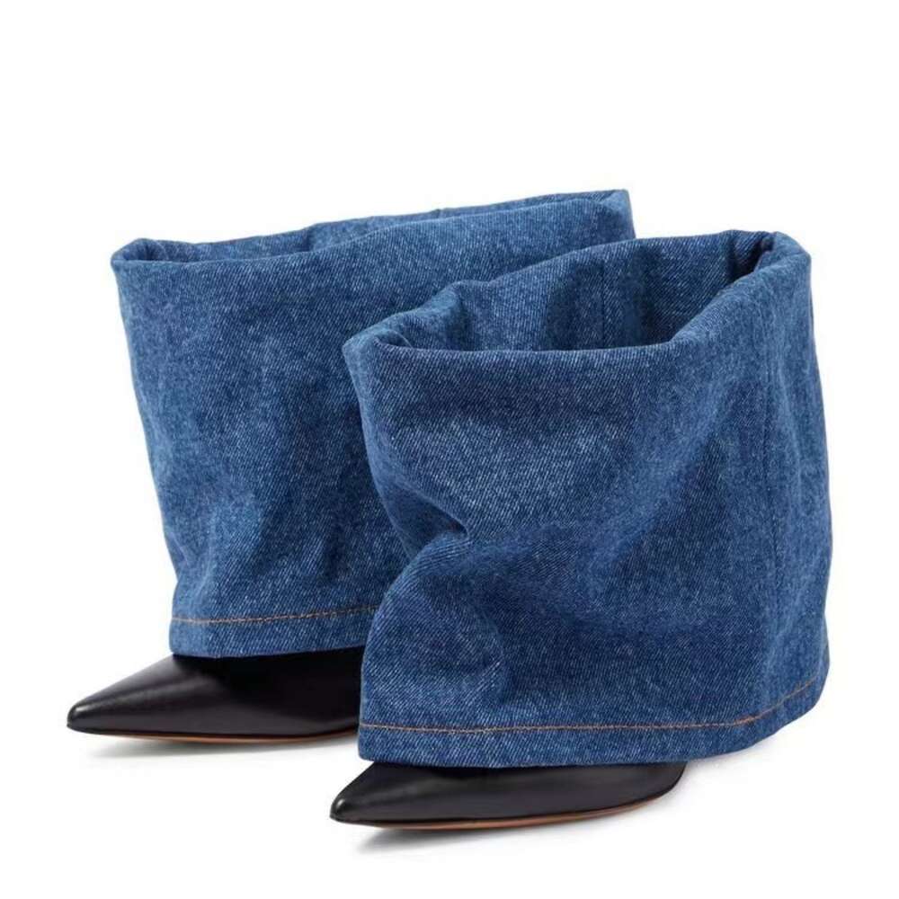 New Autumn Winter Women S Denim Colored Pointed High Heel Short Sexy Trouser Sleeve Naked Boots Trend Ddmysaturn