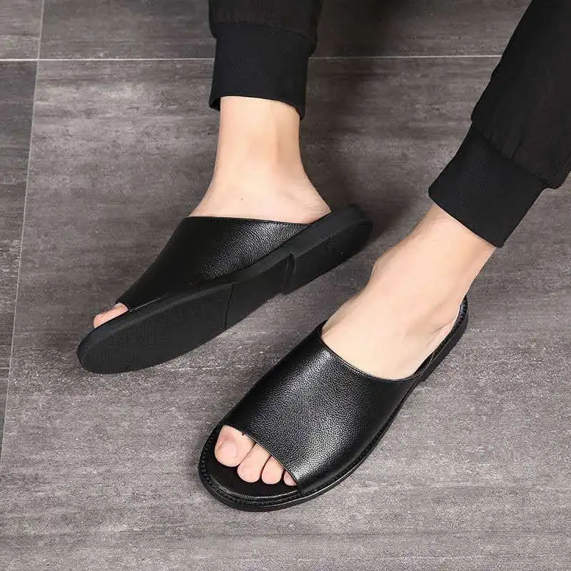 Genuine Cow Leather Slippers Homes Indoor Slipper Summer Open Toe Sandals Men Beach Casual Slides Shoes Flats Male Flip Flops 240620