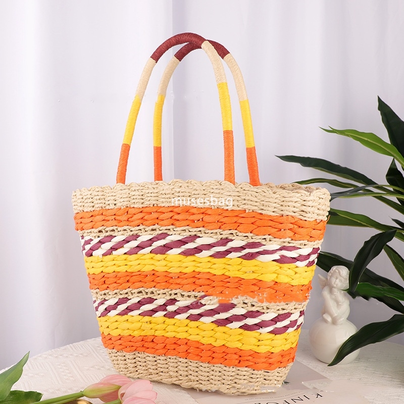 High end Women's Korean Colorful Splicing Handheld Large Capacity Retro Large Capacity Versatile Vertical Paper Rope Women's Bag Casual Beac