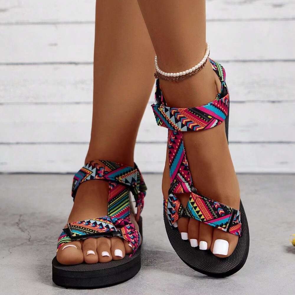 Oversized Women S Printed Flat Spring Summer New Thin Soled Ethnic Style Velcro Beach Sandals Ddmysaturn