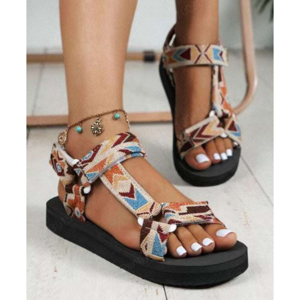 Oversized Women S Printed Flat Spring Summer New Thin Soled Ethnic Style Velcro Beach Sandals Ddmysaturn