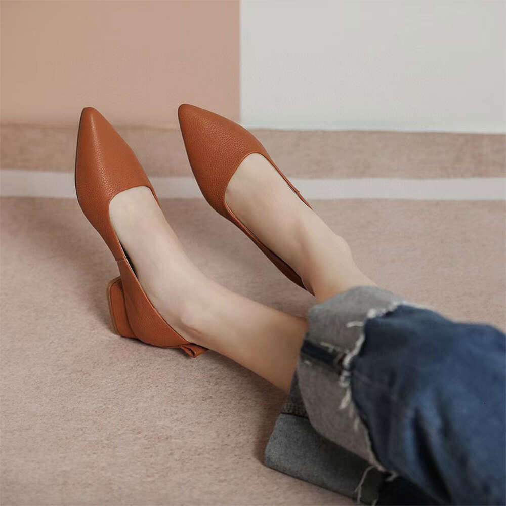 Layer Cowhide Top Shallow Mouth Single Shoe For Women S Autumn New Casual Pointed Fashion One Foot Thick Heel Small Leather Shoes Ddmysaturn