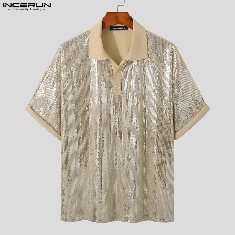 INCERUN Casual Mens Lapel Sequin Blouse Stylish Well Fitting Party Short Sleeve Button Shirts S-5XL INCERUN Tops 240615