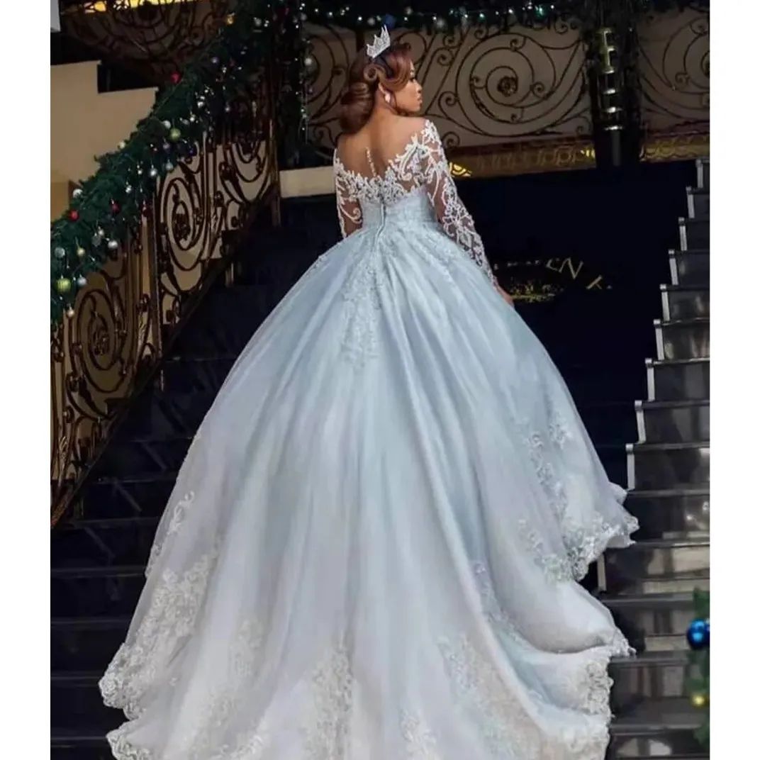 Dubai Arabic Ball Gown Beading Wedding Dresses Plus Size Scoop Neck Long Sleeves Backless Sweep Train Bg Sequins Bridal Gowns 02 6660312