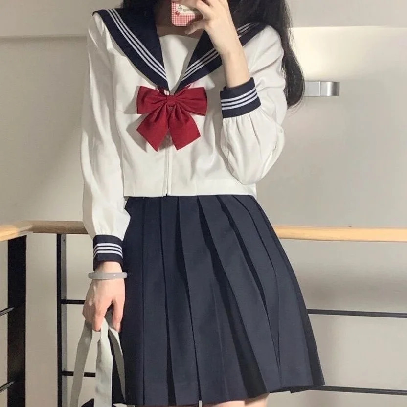 Japanese School Uniform Girl Jk Suit Sexy Spring and Autumn Red Tie White Three Basic Sailor Women Long Sleeve 240617