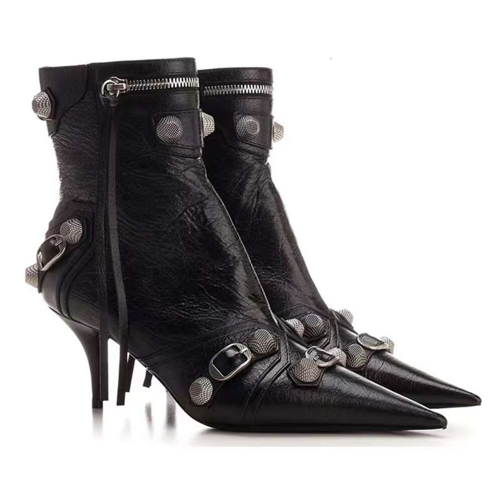 Slim Ultra Pointed Heel Side Open Zipper Rivet Large Tassel Boots High Heels Ddmysaturn
