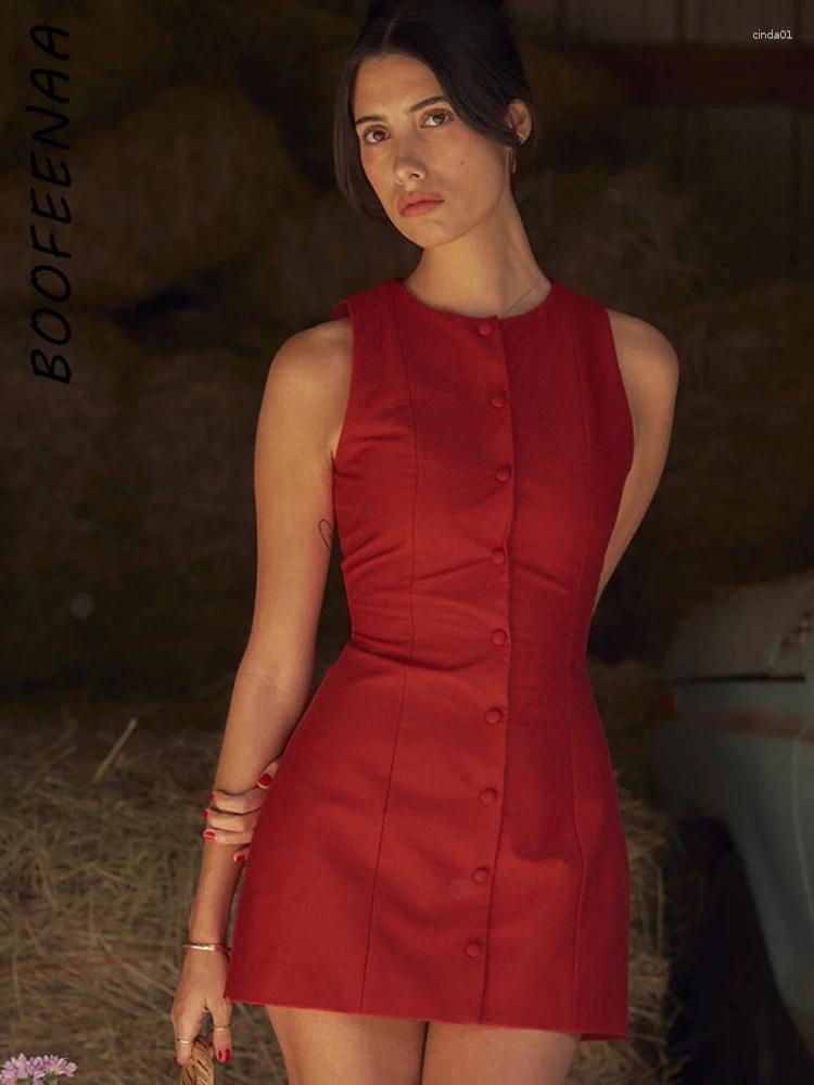 Casual Dresses BOOFEENAA Womens Fashion Button Up Sleeveless Mini Red Black Summer Dress Elegant Clothes C69-CH22 AAA Discount for in-store purchases