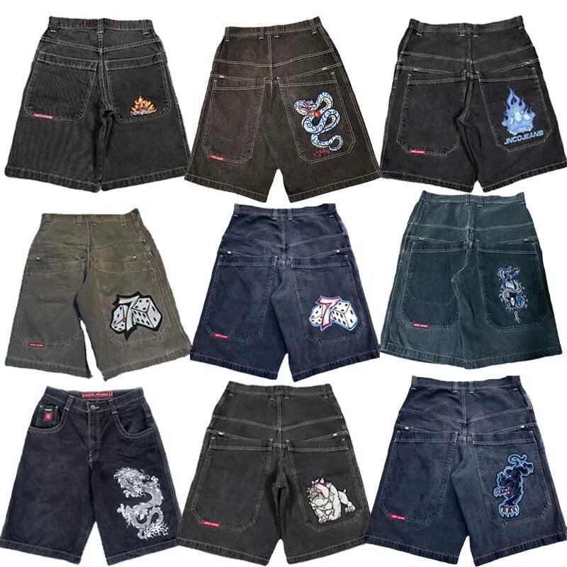 Mens Jeans JNCO Hip Hop Pocket Baggy Denim Gym Shorts Graphic Print Vintage Baggy Black Pants Harajuku Gothic Men Shorts Streetwear Y2K