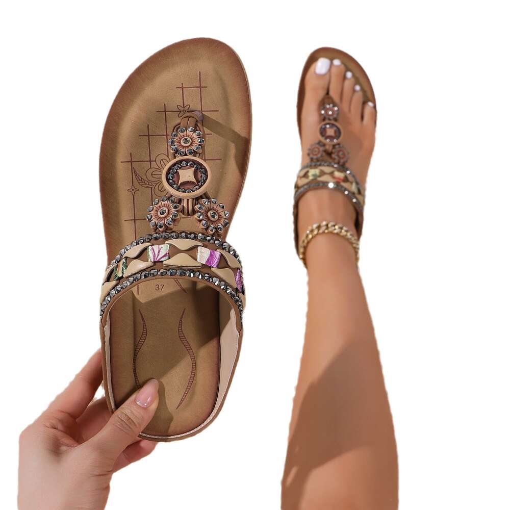 Women Bohemian Style S Shoes Summer Fashion Beach Flat Bottomed Slippers Beaded Sandals Ddmysaturn
