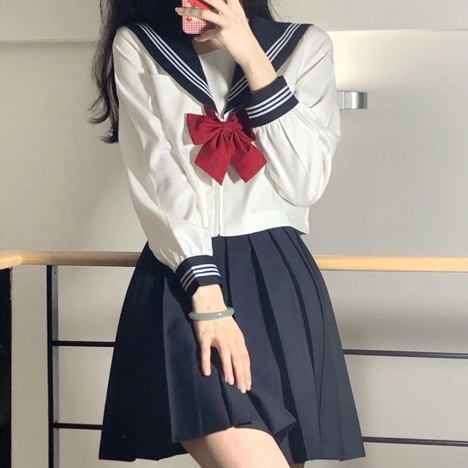 Japanese School Uniform Girl Jk Suit Sexy Spring and Autumn Red Tie White Three Basic Sailor Women Long Sleeve 240617