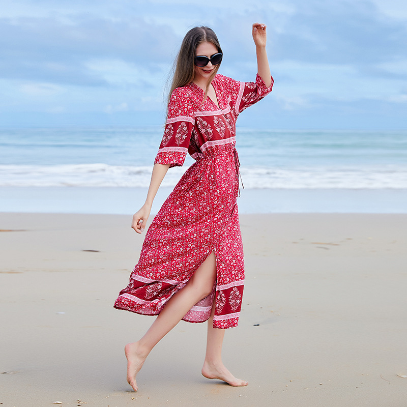 Bohemian V-neck seaside oversized floral breasted dress with slit at the hem
