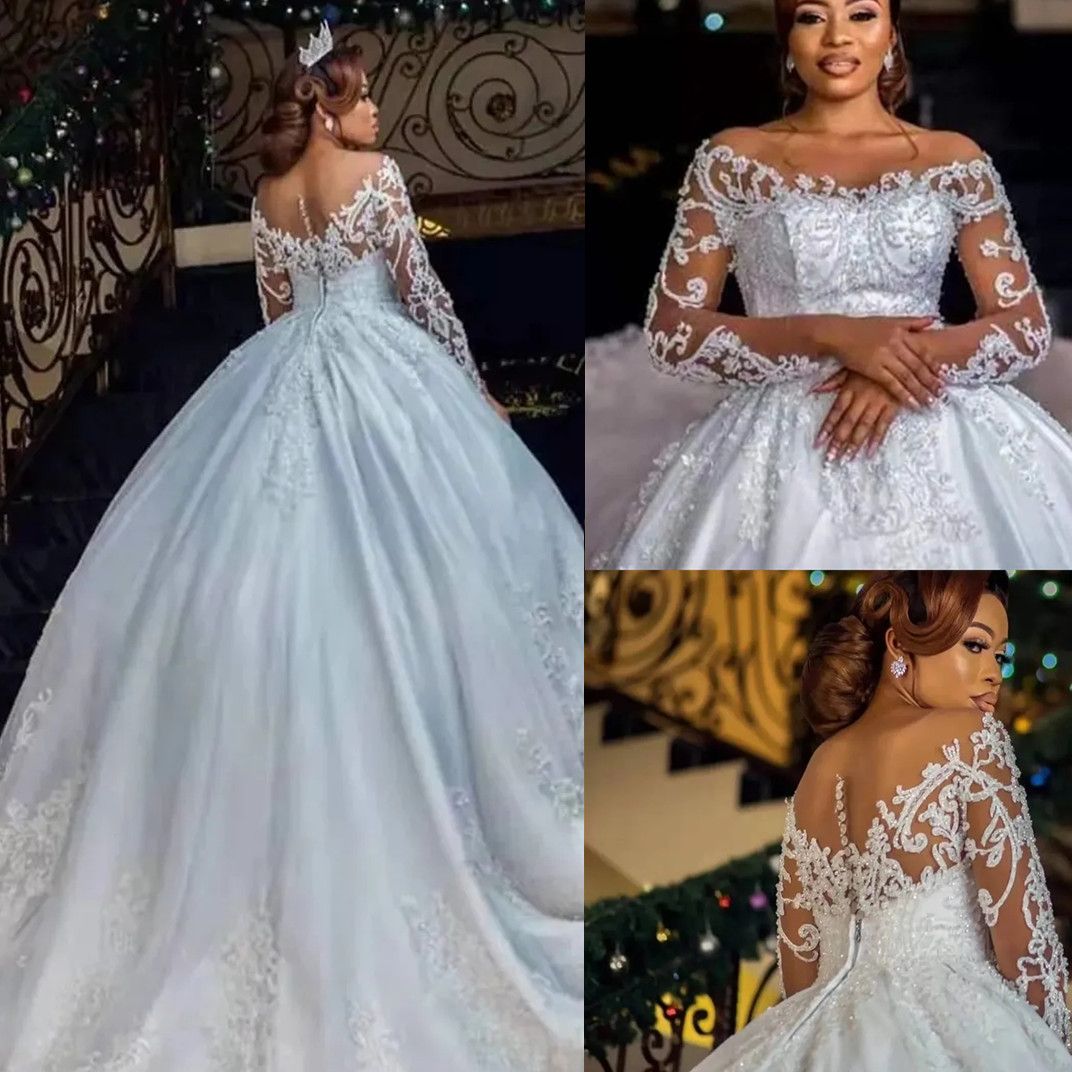 Dubai Arabic Ball Gown Beading Wedding Dresses Size Scoop Neck Long Sleeves Backless Sweep Train Bg Sequins Bridal Gowns 2024 Plus Size 6660312