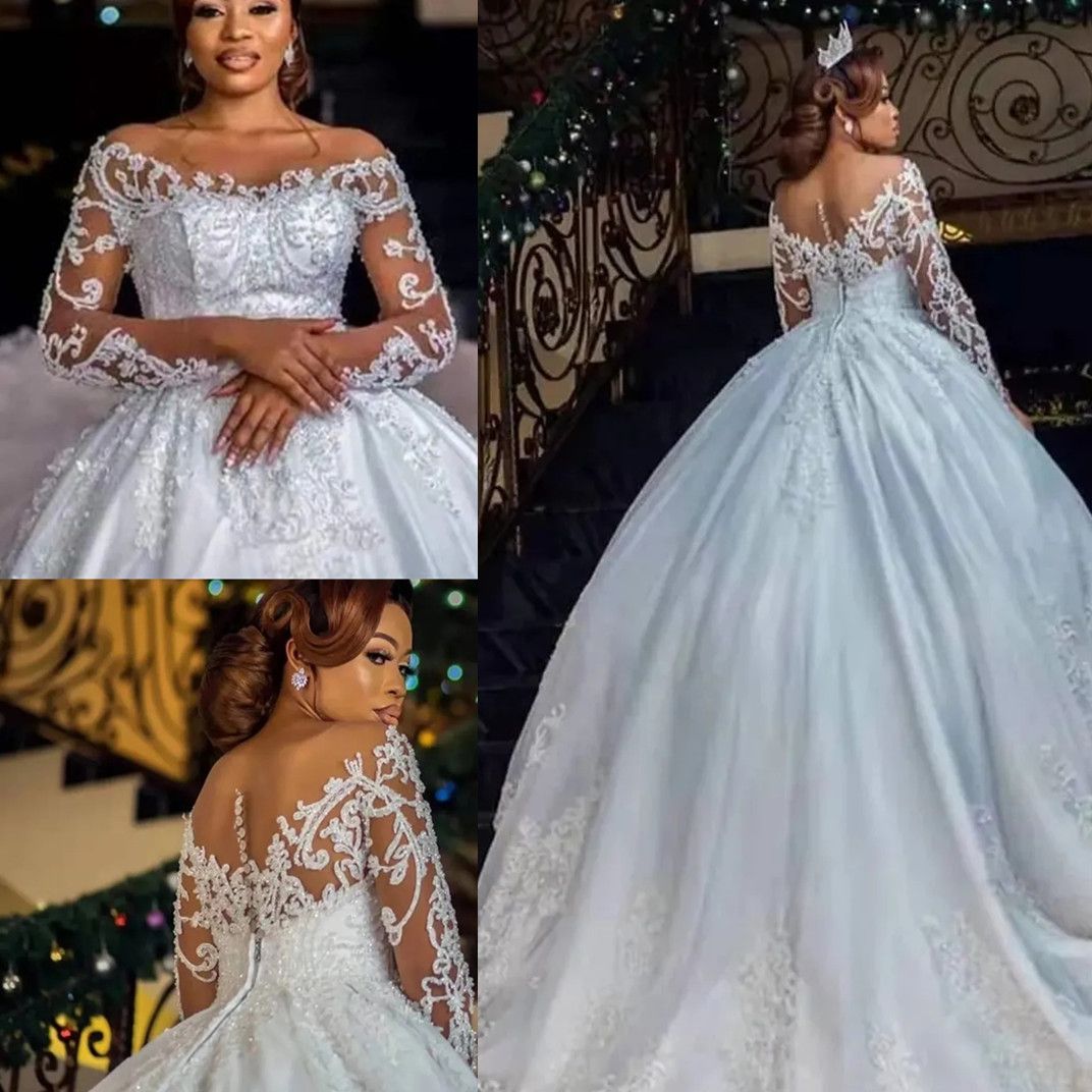 Dubai Arabic Ball Gown Beading Wedding Dresses Plus Size Scoop Neck Long Sleeves Backless Sweep Train Bg Sequins Bridal Gowns 02 6660312