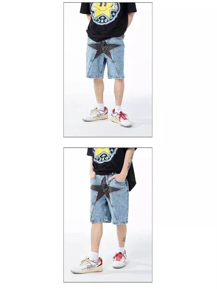 European and American Mens Street Fashion Loose Shorts Fivepointed Star Pattern Mid Waist Baggy Jeans Straight Pants 240619