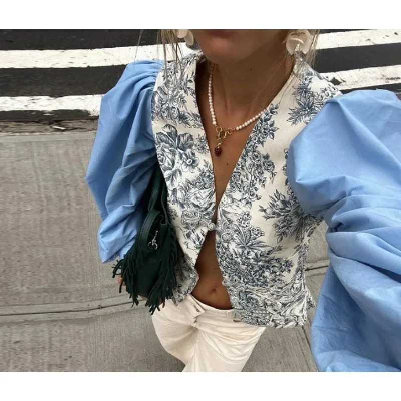 Women Floral Printed Lantern Sleeves Patchwork Shirt Casual Sex V Neck Jacket Clothing With Knot Button Spring Summer 240617