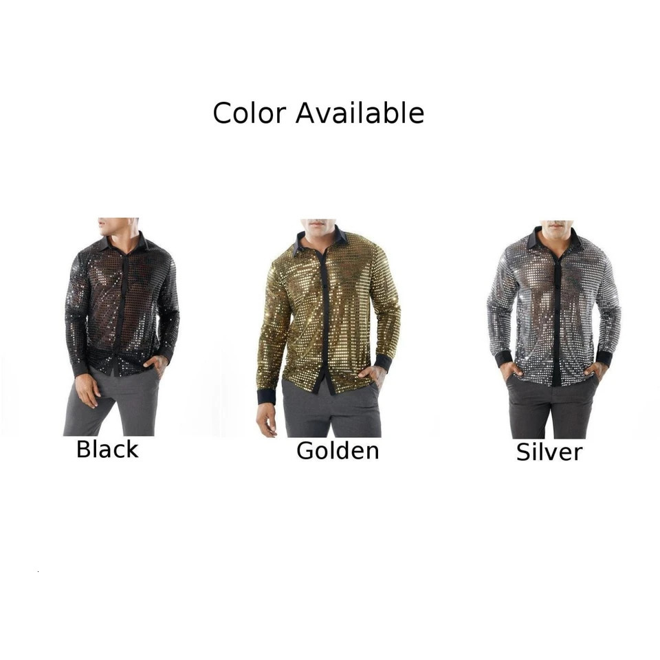 Mens Sparkly Sequins Party Dance Shirts Fashion Lapel Collar Long Sleeve Retro 70s Disco Stage Shirt Tops Mens Clothing 240615