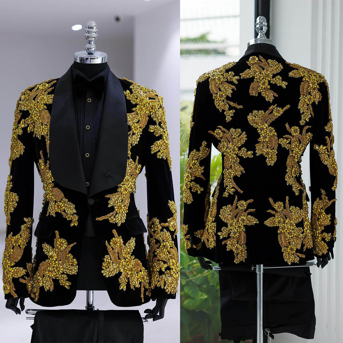 Men's Runway Show Pants Suits Luxury Gold Flowers Beading Men Pants Suits Prom Cosplay Blazers Costume Prom Party Wear 2 Pieces