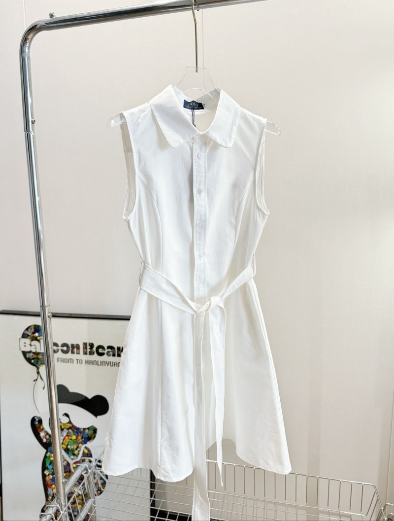 Designer Sleeveless Slimming Belt Casual Summer Shirtdress Vest White Dress Preppy Embroidery Oxford Cloth Cotton Lace Up Dress.