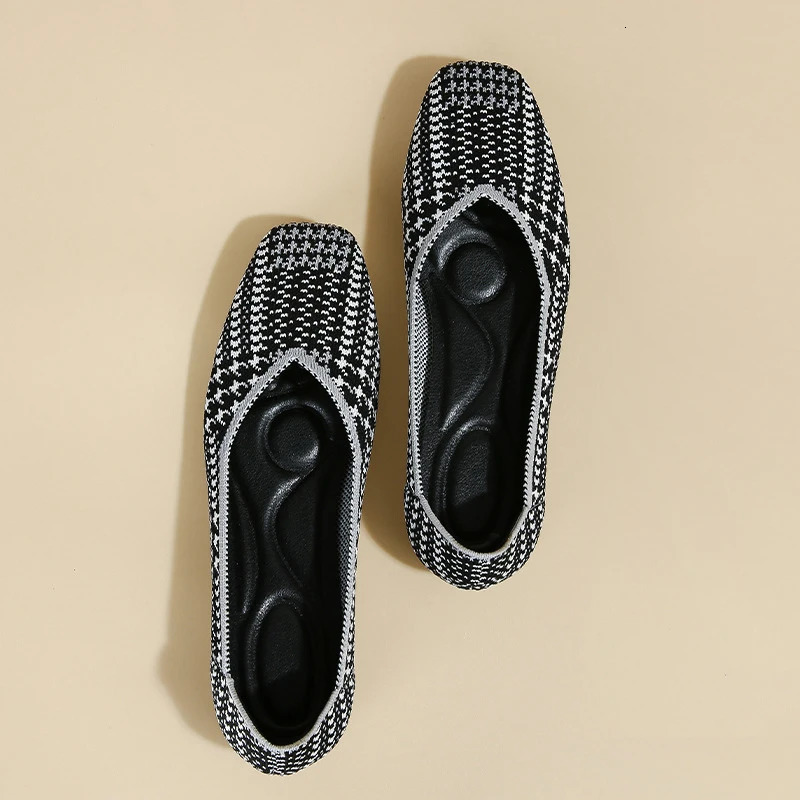 Womens Flat Shoes Large 43/42 Casual Fashion Pattern Breathable Knitted Non slip Rubber Sole Square Comfortable Shoes 240620