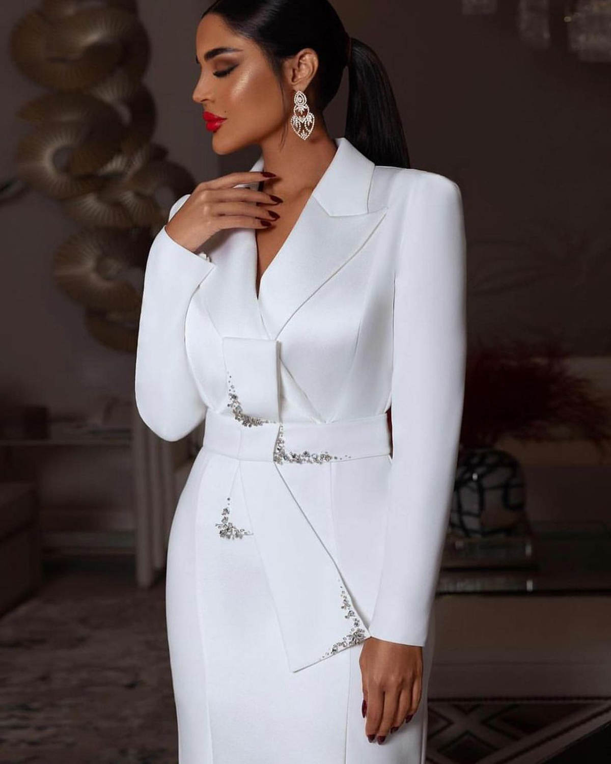 White Women Blazer Dress Plus Size Slim Jacket With Belt Prom Evening Guest Formal Wear Custom Made Satin