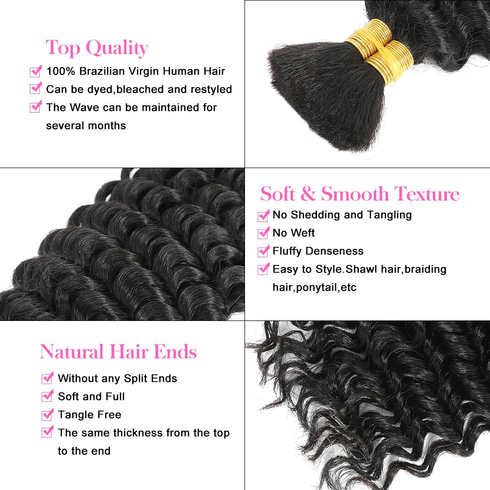 Human Braiding Hair Deep Wave Bulk Human Hair 100g No Weft Bundles Micro for Boho Braids 240620