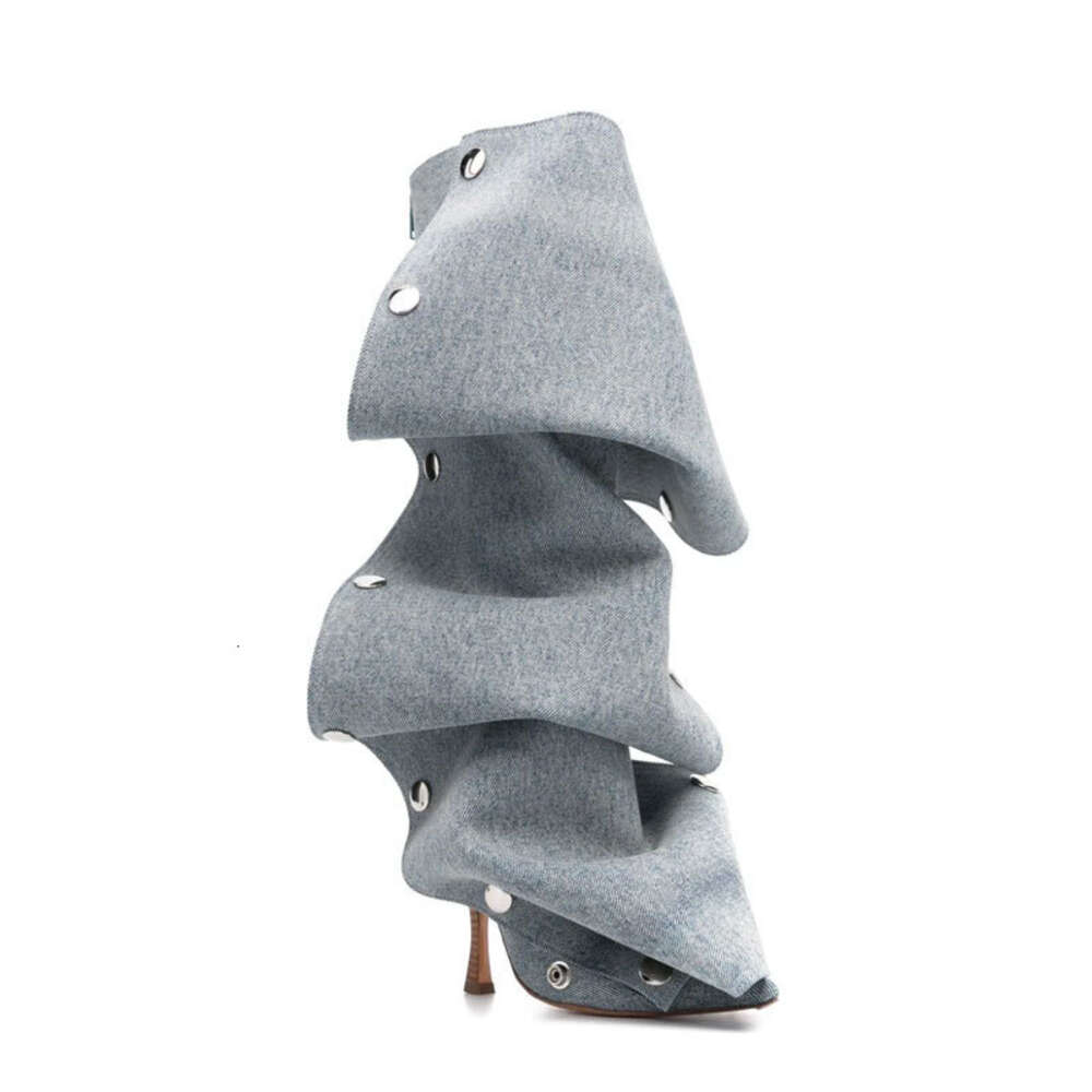 Heeled New High Pointed Metal Rivet Denim Patchwork Casual Two Wear Pile Up Knee Length Boots Ddmysaturn