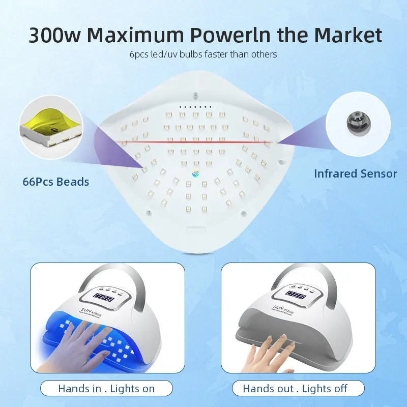 300W UV LED Nail Lamp for Nails 66 Leds Nail Dryer Lamp For Gel Nail Polish With 4 Timers Professional Nail Art Home Salon 240620