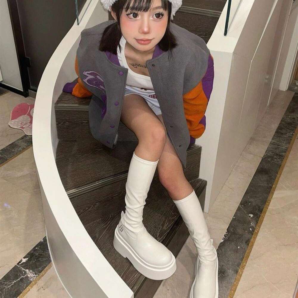 Soled White Thick Children S New Style High Boots Round Toe One Foot Elastic Riding Trend Ddmysaturn