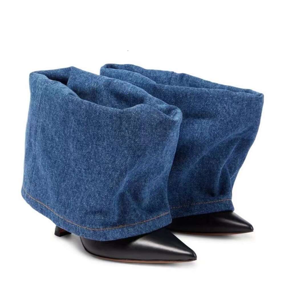 New Autumn Winter Women S Denim Colored Pointed High Heel Short Sexy Trouser Sleeve Naked Boots Trend Ddmysaturn