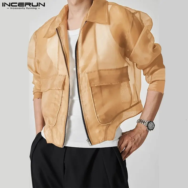 Men Irregular Jackets Mesh Transparent Zipper Lapel Long Sleeve Crop Coats Men Streetwear Solid Stylish Jackets INCERUN 240615