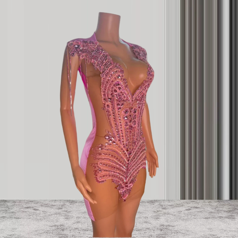 Sexy Sheer Pink Crystals Short Prom Dresses For Black Girls See Through African American Cocktail Dresses Birthday Party Homecoming Gowns